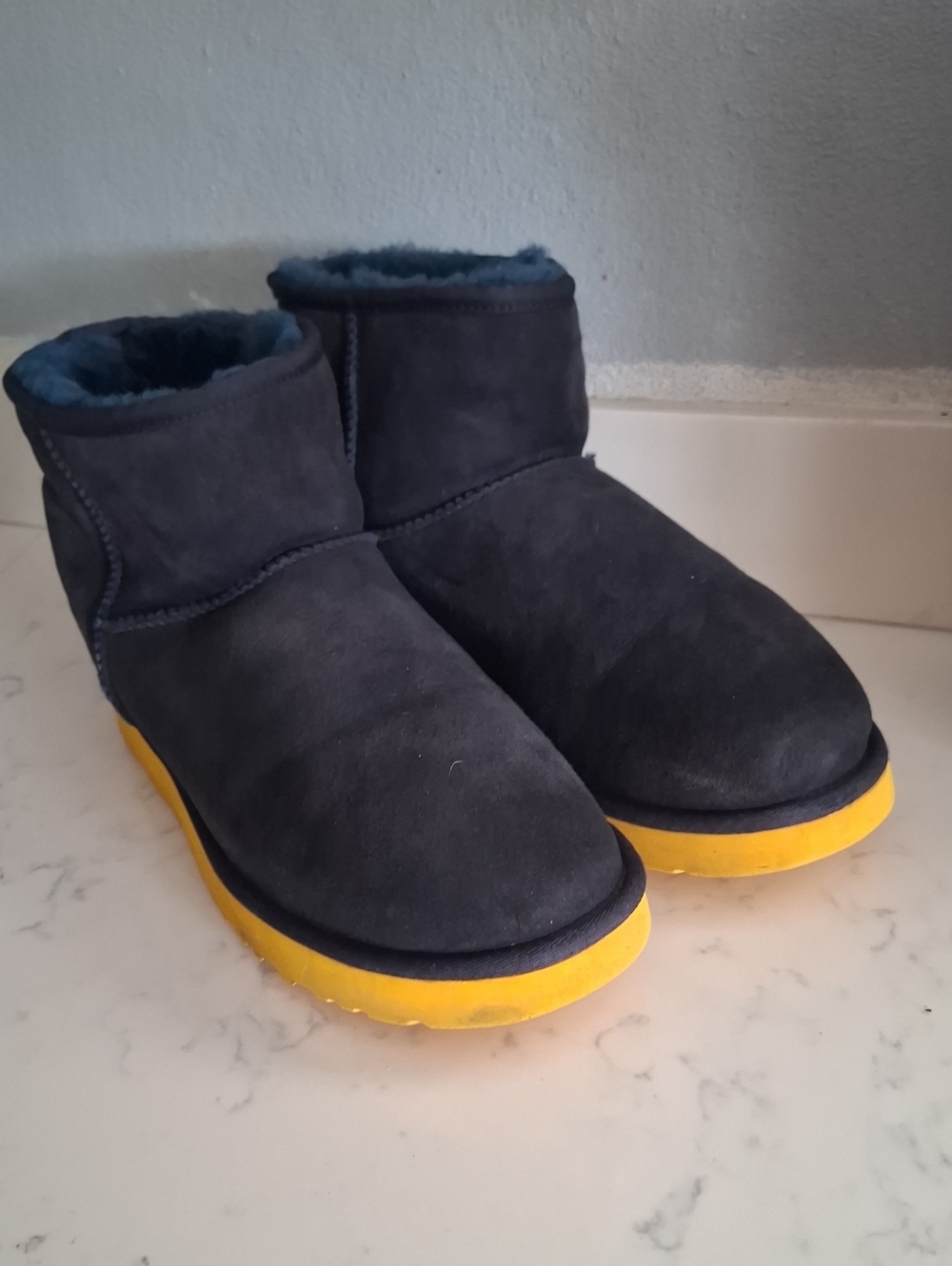 Ugg Women’s Navy Suede Mini Boots with Yellow Sole